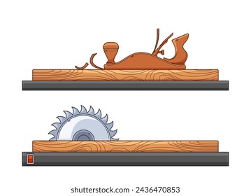 Carpentry Tools, Plane Smooths And Flattens Wood Surfaces, Circular Saw Swiftly Cuts Through Wood, Vector Illustration
