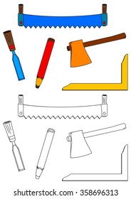 Carpentry tools, saw, ax, chisel, square and pencil as a coloring book for kids - vector