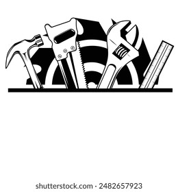 Carpentry tools with saw blade in background illustration. Black and white woodworking or carpentry emblem design