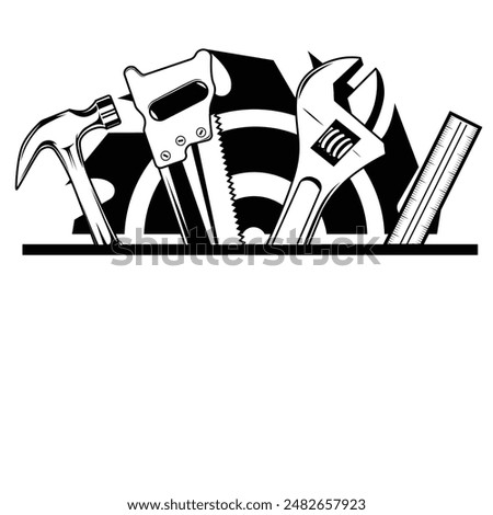 Carpentry tools with saw blade in background illustration. Black and white woodworking or carpentry emblem design