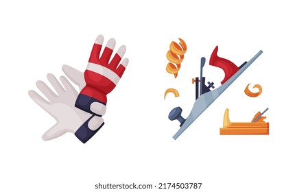 Carpentry tools set. Pair of gloves and planer for woodworking cartoon vector illustration