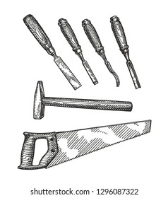 Carpentry tools sketch. Woodwork, joinery concept. Vintage vector illustration