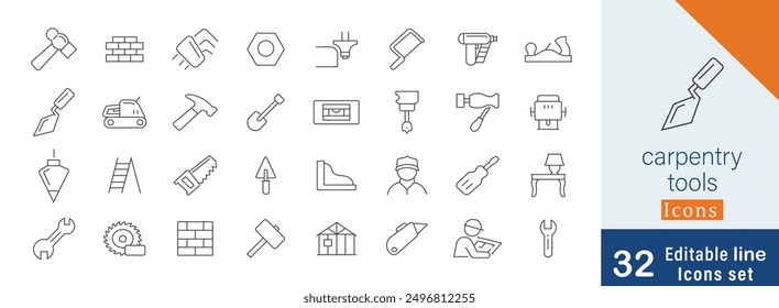Carpentry tools thin Line art Icons set. carpentry tool icons Pixel perfect. hammer, saw, pliers, screwdriver, wrench,  gloves, workbench and more 