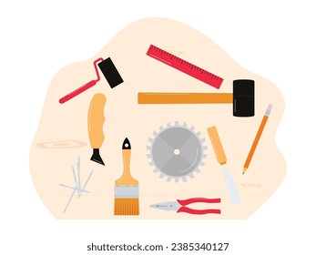 Carpentry tools used to make furniture, carpenter's furniture, desk top view vector illustration.