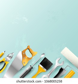 Carpentry trendy background with tools in trendy pastel colors
