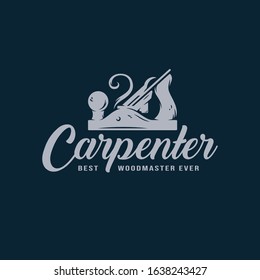 Carpentry vintage jointer, silhouette of carpenter tool, monochrome woodwork jack-plane for wood processing, vector logo or emblem for use on a dark background