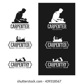 Carpentry vintage labels set. Carpenter shop advertising. Silhouette of carpenter. Carpentry tools. Woodworker with jointer in his hands. Monochrome vector illustration.