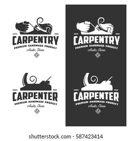 Carpentry vintage labels set. Design elements for shop advertising and branding. Monochrome vector illustration.