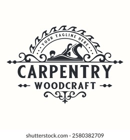 Carpentry Vintage logo. with  hand plane icon vector, with decoration vintage style , for carpentry or woodworking