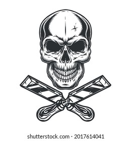 Carpentry vintage monochrome concept with skull and crossed chisels isolated vector illustration