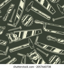 Carpentry vintage monochrome seamless pattern with carpenter tools and equipment vector illustration