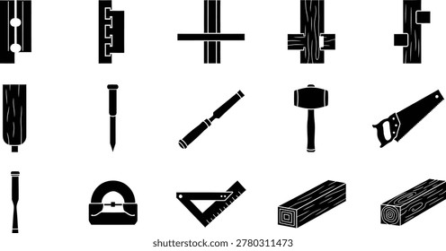 Carpentry wood joint technique silhouette icons collection in black style
