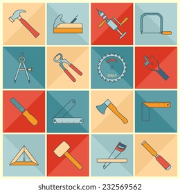 Carpentry wood work flat line icons tools and equipment with cutter level chisel isolated vector illustration.
