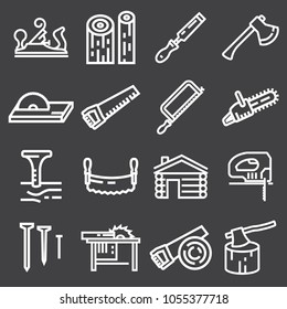 Carpentry wood work tools and equipment white icons set isolated vector illustration