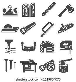 Carpentry wood work tools and equipment black icons set