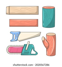 Carpentry wood work tools and equipment Colored vector illustration with simple hand drawn sketching style