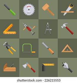 Carpentry wood work tools and equipment with pliers axe saw icons set isolated vector illustration