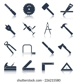 Carpentry wood work tools and equipment black icons set isolated vector illustration