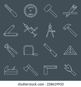 Carpentry wood work tools and equipment outline icons set with hammer saw pliers isolated vector illustration