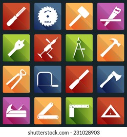 Carpentry wood work white icons tools and equipment with pliers axe saw isolated vector illustration