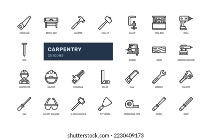 carpentry wood working build renovation industrial detailed outline icon, with clamp, saw, wrench, more. simple vector illustration