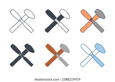 carpentry woodword mechanic hammer chisel cross icon collection with different styles. Chisel and Hammer icon symbol vector illustration isolated on white background