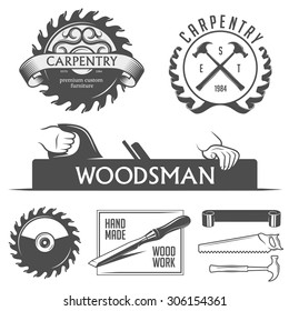 Carpentry and woodwork design elements in vintage style. Retro vector illustration.