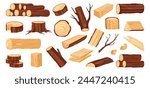 Carpentry and woodwork materials. Vector isolated products for carpenter, tree stump with rings, logs with branches and twigs. Planks and cubes, timber and forest logging work. wood shavings