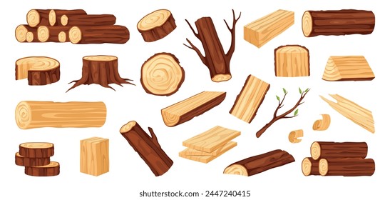 Carpentry and woodwork materials. Vector isolated products for carpenter, tree stump with rings, logs with branches and twigs. Planks and cubes, timber and forest logging work. wood shavings