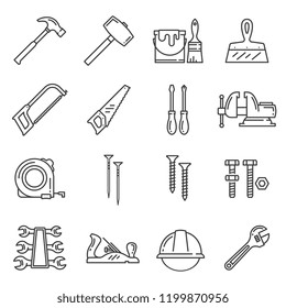 Carpentry and woodwork repair or construction tools. Vector icons of hammer mallet, paint brush or plastering spatula and saw, screwdriver or vise and tape-measure, nails, screws and bolts