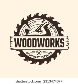 carpentry, woodworking, lumberjack, sawmill service monochrome vector logo template isolated on white background