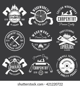 Carpentry, woodworking, lumberjack, sawmill service set of vector vintage white labels, badges and emblems isolated on dark background