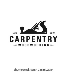 Carpentry, woodworking retro vintage logo design. Jack plane / wood plane logo