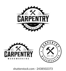 Carpentry  woodworking sawmill saw retro vintage logo design with editable vector file