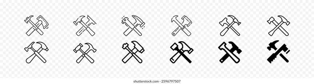 Carpentry and Woodworking Tools Icon – Hammer and Handsaw Crossed,  A hammer and handsaw crossed, symbolizing woodworking and carpentry