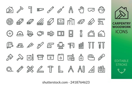 Carpentry and woodworking tools icon set. Joinery tools and materials vector icons wth editable stroke.