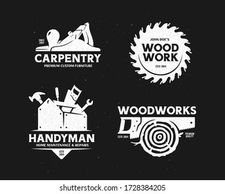 Carpentry woodworks handyman labels set. Hand drawn trendy design elements for prints, emblems, logo, posters. Vector vintage illustration.