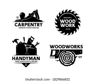 Carpentry woodworks handyman labels set. Hand drawn trendy design elements for prints, emblems, logo, posters. Vector vintage illustration.