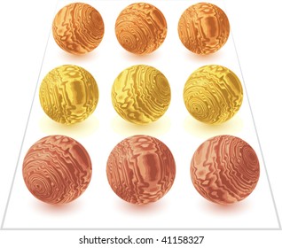 carpentry work set of different shaped wooden spheres isolated on white