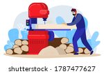 Carpentry worker flat vector illustration. Cartoon man carpenter working, cutting wooden planks with saw, sawing tree trunk using drilling machine in workshop. Woodwork equipment isolated on white