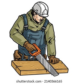 Carpentry worker in hardhat and gloves using saw while sawing wooden board, vector illustration