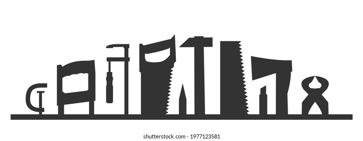 Carpentry works. Any kind of repair. Handyman services logo. A carpenter. Monochrome black silhouette. Home repairs. Shop of joinery. Wood foreman. Isolated.