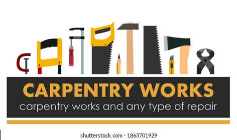 Carpentry Works. Any Type Of Repair. Logo Of Handyman Services. Carpenter. Hand Tools Of Universal Workshop. Home Repair Service. Woodworking Carpentry Shop. Foreman Of Woodworks. Isolated.