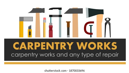 Carpentry Works. Any Type Of Repair. Logo Of Handyman Services. Carpenter. Hand Tools Of Universal Workshop. Home Repair Service. Woodworking Carpentry Shop. Foreman Of Woodworks. Isolated.