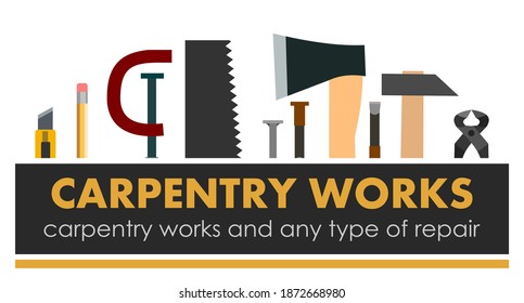 Carpentry Works. Any Type Of Repair. Logo Of Handyman Services. Carpenter. Hand Tools Of Universal Workshop. Home Repair Service. Woodworking Carpentry Shop. Foreman Of Woodworks. Isolated.