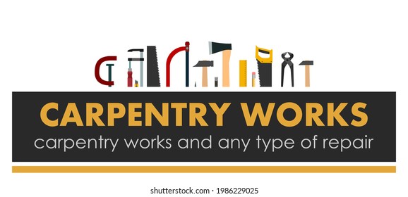 Carpentry Works. Any Type Of Repair. Logo Of Handyman Services. Carpenter. Hand Tools Of Universal Workshop. Home Repair Service. Woodworking Carpentry Shop. Foreman Of Woodworks. Isolated.