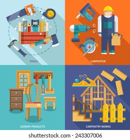 Carpentry works icons flat set with tools carpenter joinery products isolated vector illustration