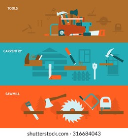 Carpentry works service horizontal flat banners set poster with sawmill and tools kit abstract vector isolated illustration