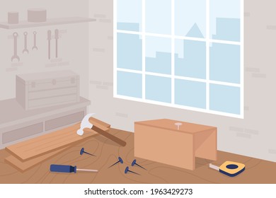 Carpentry workshop flat color vector illustration. Woodworking class. Manual work. Industrial manufacturing. Carpenter studio 2D cartoon interior with furniture and instruments on background