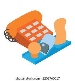 Carpentry workshop icon isometric vector. Push button landline phone, hand plane. Construction, repair, maintenance